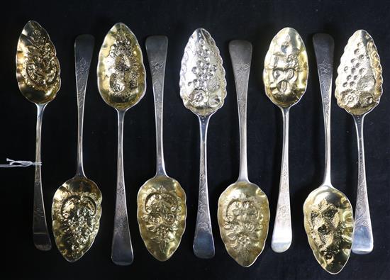 Four pairs of 19th century silver Old English pattern berry spoons including one by Peter, Ann & William Bateman & 1 single spoon.